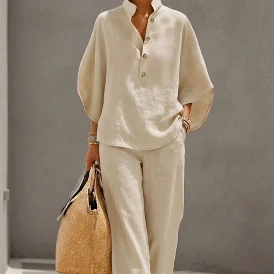 🔥Women's Batwing Sleeve Two-Piece Set – Casual Shirt & Wide Leg Pants Outfit