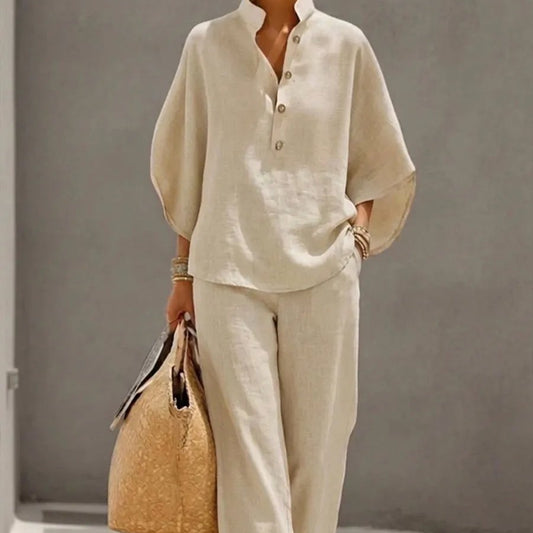 🔥Women's Batwing Sleeve Two-Piece Set – Casual Shirt & Wide Leg Pants Outfit