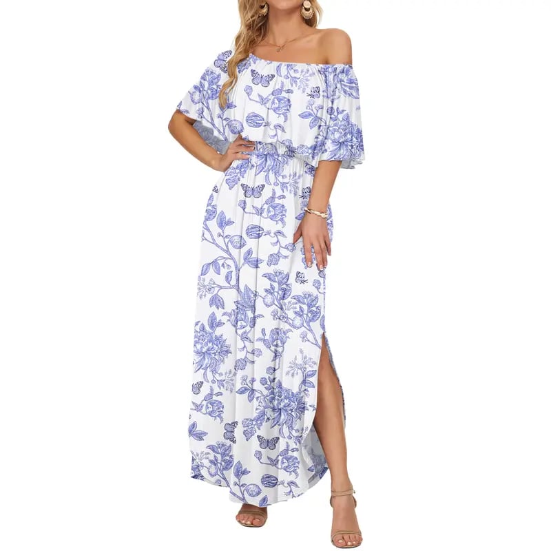 Women's Off The Shoulder Dress Wedding Guest Dress Summer Casual Long Ruffle Party Side Split Beach Maxi Dresses with Pockets - Blue Bloom / S / Get different combinations to maximize your allure