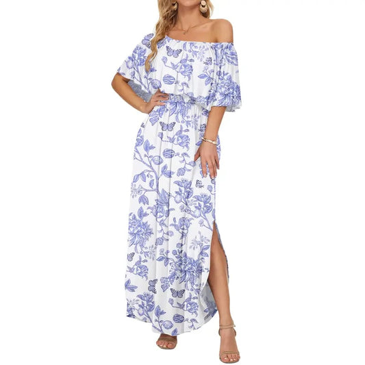 Women's Off The Shoulder Dress Wedding Guest Dress Summer Casual Long Ruffle Party Side Split Beach Maxi Dresses with Pockets - Blue Bloom / S / Get different combinations to maximize your allure
