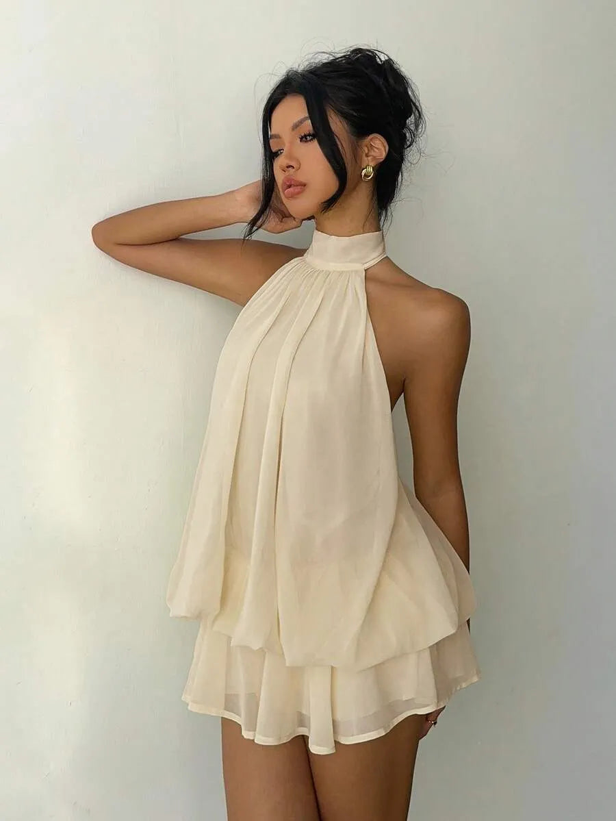 Halter Neck Tiered Ruffle Mini Dress