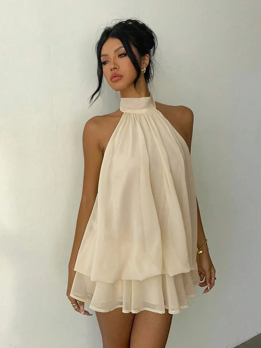 Halter Neck Tiered Ruffle Mini Dress