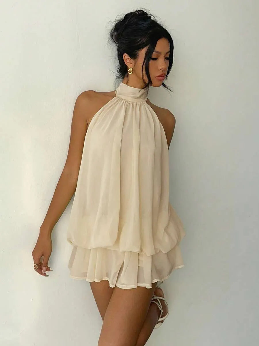 Halter Neck Tiered Ruffle Mini Dress