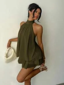 Halter neck tiered ruffle mini dress – color variant