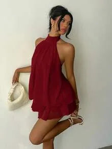 Halter neck tiered ruffle mini dress – color variant 2