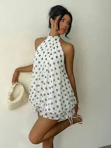 Halter neck tiered ruffle mini dress – pure white