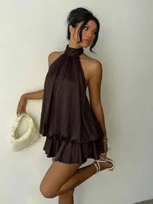 Halter Neck Tiered Ruffle Mini Dress