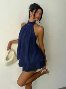 Halter Neck Tiered Ruffle Mini Dress