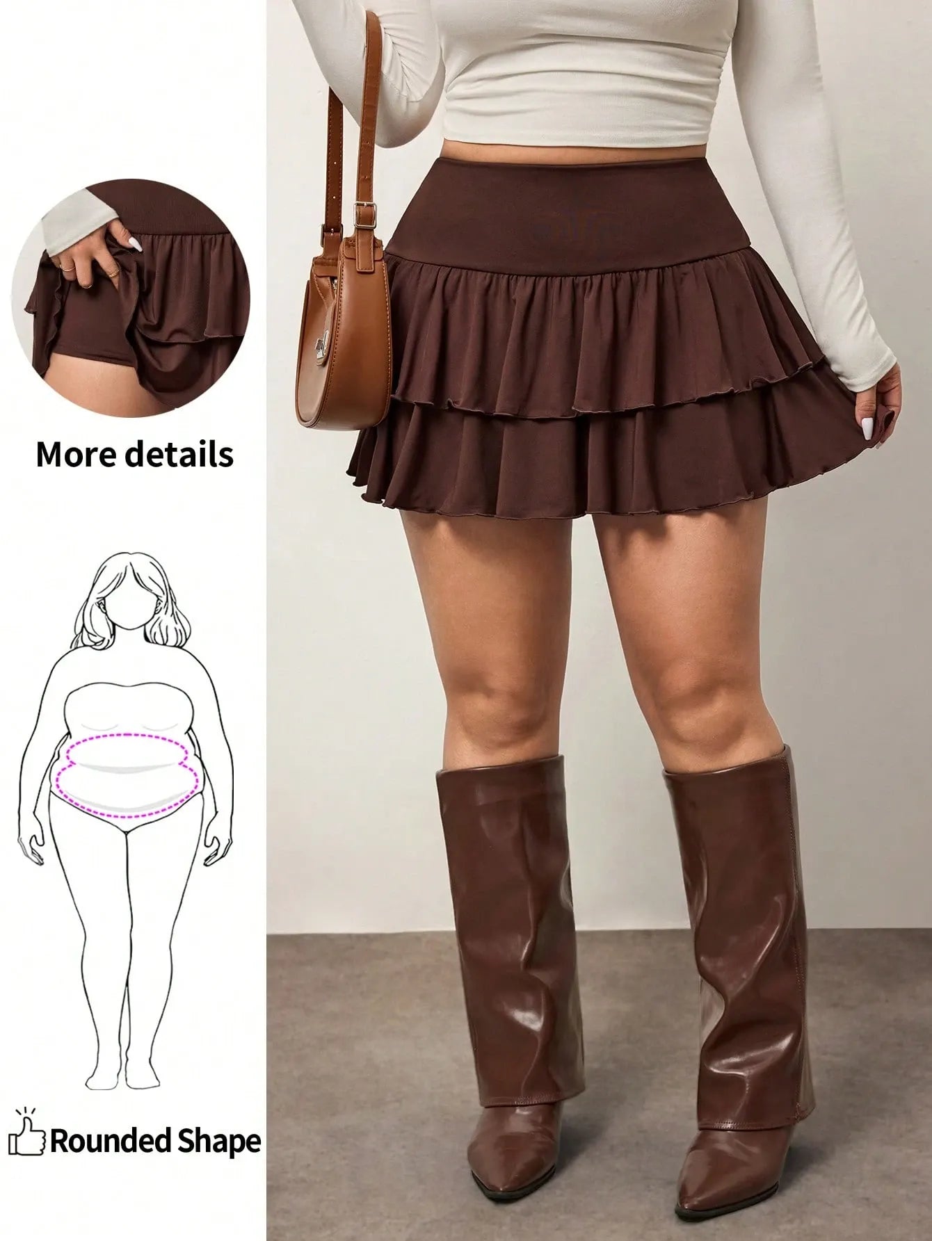 Chocolate brown layered ruffle mini skirt – front view