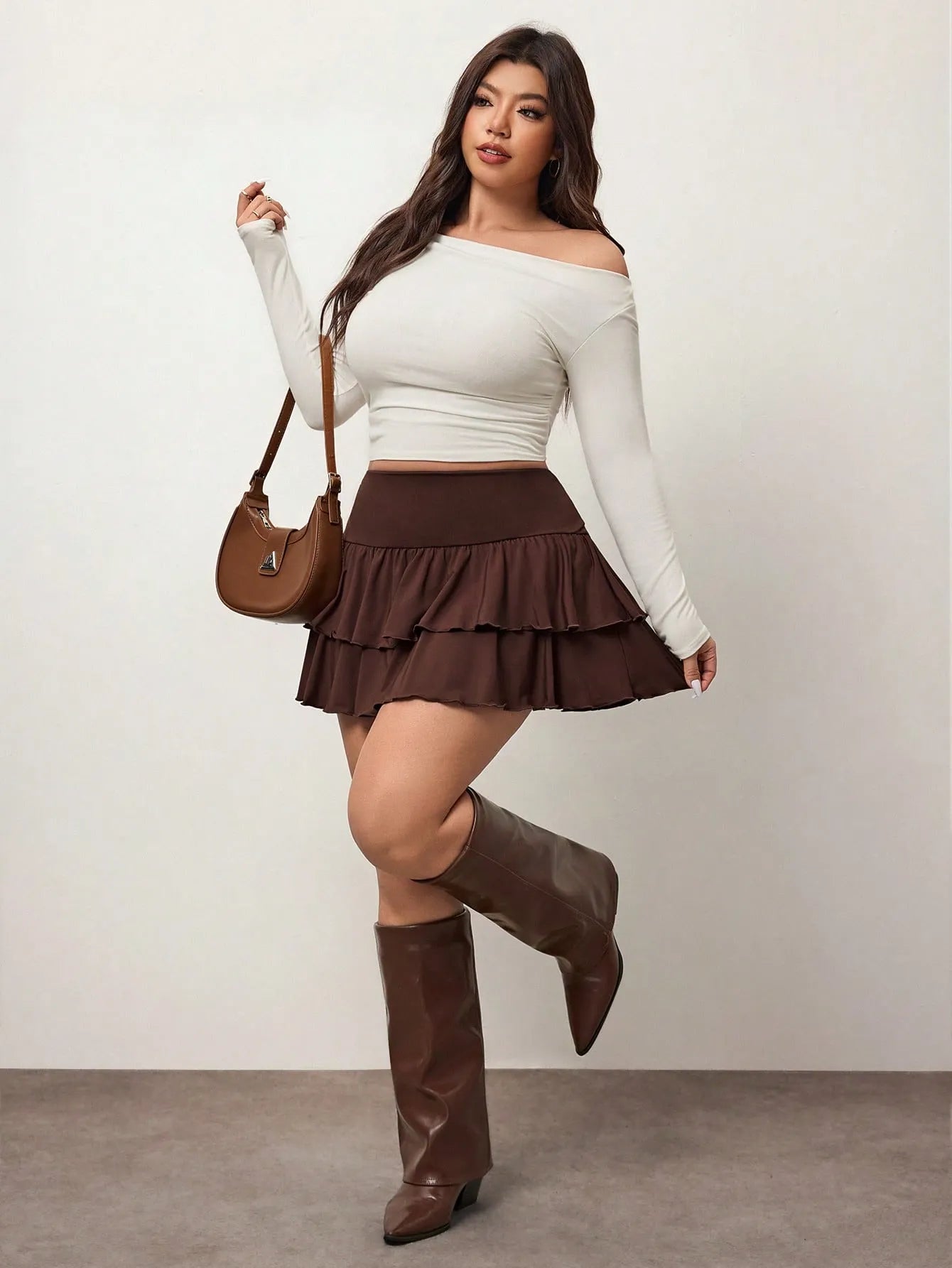 Chocolate brown layered ruffle mini skirt – detail view